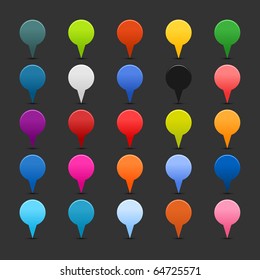 25 simple mapping pins web 2.0 buttons. Colored smooth rounded shapes with shadow on gray background