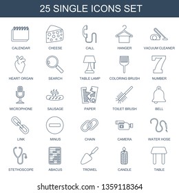 25 single icons. Trendy single icons white background. Included line icons such as calendar, cheese, call, hanger, vacuum cleaner, heart organ. single icon for web and mobile.