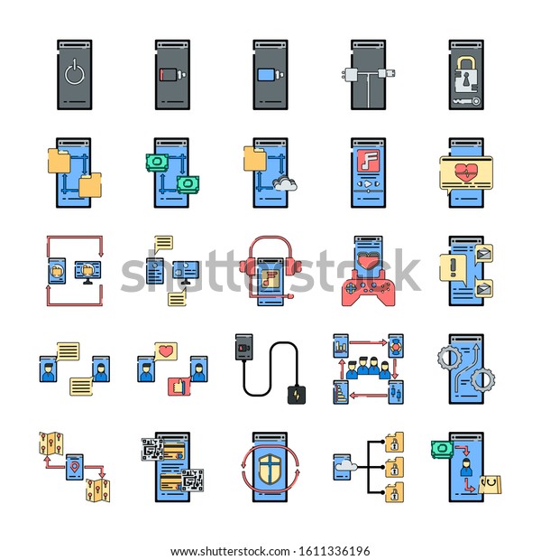25 Smart Phone Utilization Application Lineal Stock Vector Royalty Free