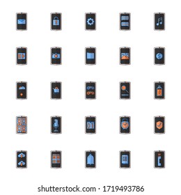 25 smartphone application color outline icon set in grey, black, orange and light blue color scheme. Concept modern mobile phone technology icon design.