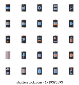 25 smartphone application flat icon set in grey, black, orange and light blue color scheme. Concept modern mobile phone technology icon design.