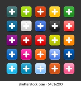 25 smooth satined web 2.0 button with plus sign. Colorful rounded square shapes with shadow on gray background