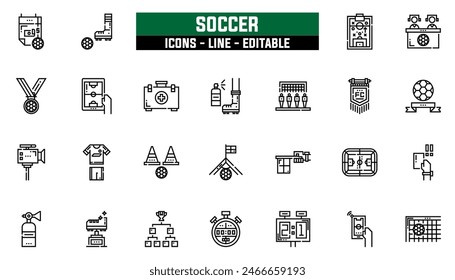 25 soccer icons set, vector line, editable stroke.