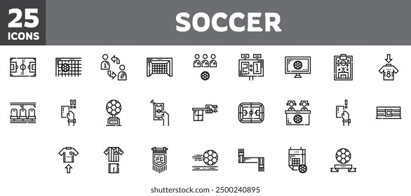 25 soccer icons set, vector line, editable stroke.