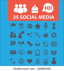 25 social media, blog, network icons, signs set, vector