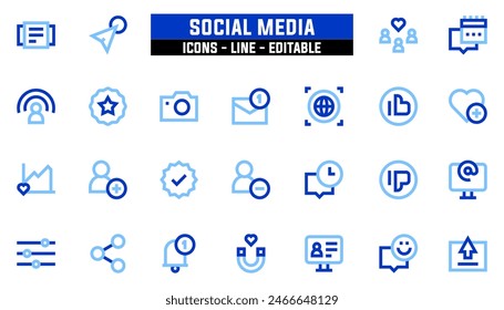 25 social media icons set, vector line, editable stroke.