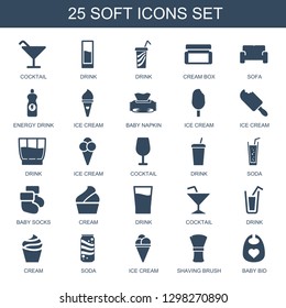 25 soft icons. Trendy soft icons white background. Included filled icons such as Cocktail, drink, cream box, sofa, energy drink, ice cream, baby napkin. soft icon for web and mobile.