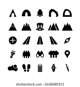 25 solid adventure and outdoor activity icons. Includes mountains, tents, trees, campfires, backpacks, and more. Perfect for travel apps, maps, and infographics.