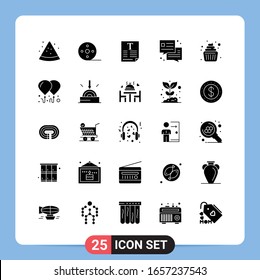 25 Solid Black Icon Pack Glyph Symbols for Mobile Apps isolated on white background. 25 Icons Set.