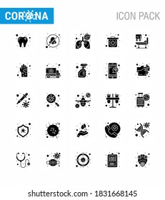 25 Solid Glyph Corona Virus pandemic vector illustrations bacterial; icu; disease; hospital bed; kit viral coronavirus 2019-nov disease Vector Design Elements