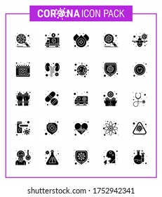 Packung mit 25 Solid-Glyph-Coronavirus Covid19-Symbolen wie Spread; Schutz; Beförderung; Corona; Virus-Coronavirus 2019-nov-Krankheit Vektor Design Elements