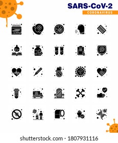 Packung mit 25 Solid Glyph Coronavirus Covid19 Symbolen wie Kapsel; Couph; Blut; Rhinitis; Viruscoronavirus 2019-nov Krankheit Vektor Design Elements