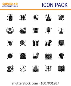25 Solid Glyph Coronavirus Covid19 Icon pack such as communication; research; transmitters; lab; cleaned viral coronavirus 2019-nov disease Vector Design Elements