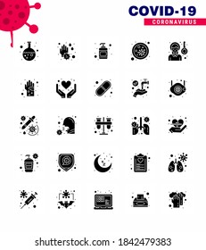 25 Solid Glyph Coronavirus disease and prevention vector icon headache; virus; lotion; microbe; blood viral coronavirus 2019-nov disease Vector Design Elements