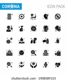 25 Morbus Solid Glyph Coronavirus und Prävention, Vektorsymbol; Gehirn; Krankenhausbett; Virus, Grippevirales Coronavirus 2019-nov Krankheit Vectordesign Elements