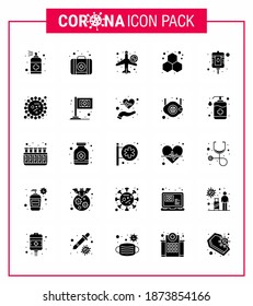 25 Solid-Glyph-Coronavirus-Epidemie-Icon Pack saugt als Blut; Laboratorium; Infrarot; Experiment; airoplan virales Coronavirus 2019-nov Krankheit Vector Design Elements