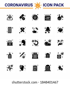 25 Solid-Glyph-Virus-Corona-Icon-Packung, z. B. Zeitplan; Ereignis; Pflege; Datum; covid virus coronavirus 2019-nov disease Vector Design Elements