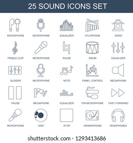 25 sound icons. Trendy sound icons white background. Included line icons such as microphone, equalizer, xylophone, gong, treble clef, pause, drum. sound icon for web and mobile.