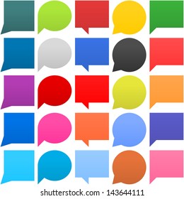 25 speech bubble sign web icon. Circle, square, ellipse empty buttons popular color shapes on white background. Newest contemporary simple style. Vector illustration internet design element 8 eps