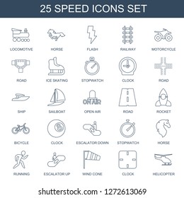 25 speed icons. Trendy speed icons white background. Included line icons such as locomotive, horse, flash, railway, motorcycle, road, ice skating. speed icon for web and mobile.
