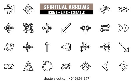 25 spiritual arrows icons set, vector line, editable stroke.