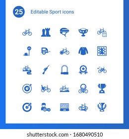 25 sport filled icons set isolated on . Icons set with Bike, Strategy game, Helmet, bicycle lane, pet trailer, bike sharing, Bike tour, Hunting, padlock, Target, Child seat icons.