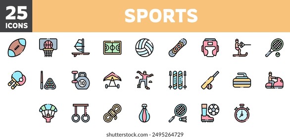 25 sport icons set, vector line, editable stroke.