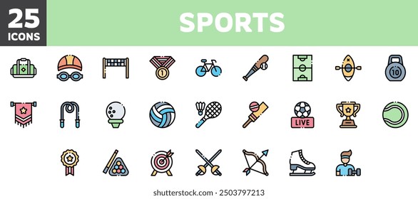 25 sport icons set, vector line, editable stroke.