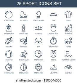 25 sport icons. Trendy sport icons white background. Included outline icons such as plastic ball, ice skate, chess horse, car, jacket, star trophy. sport icon for web and mobile.