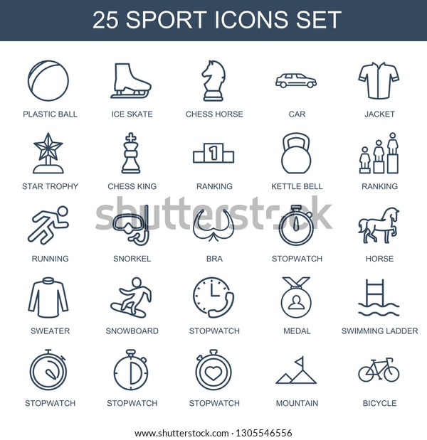 25 sport\
icons. Trendy sport icons white background. Included outline icons\
such as plastic ball, ice skate, chess horse, car, jacket, star\
trophy. sport icon for web and\
mobile.