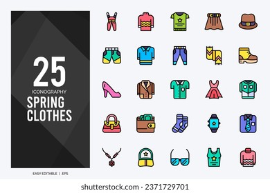 25 Spring Clothes Lineal Color icons pack. vector illustration.