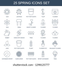 25 spring icons. Trendy spring icons white background. Included line icons such as sun, ladybug, pot for plants, tulip, flower, table, heart flower. spring icon for web and mobile.