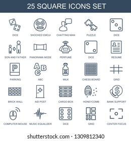 25 square icons. Trendy square icons white background. Included outline icons such as dice, shocked emoji, chatting man, puzzle, Dice, son and father. square icon for web and mobile.