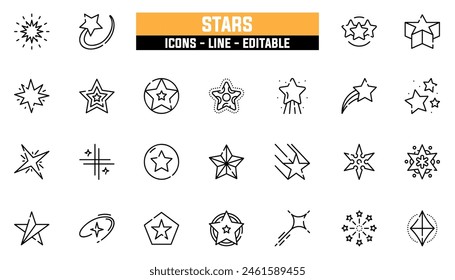 25 star icons set, vector line, editable stroke.