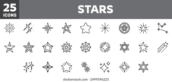 25 star icons set, vector line, editable stroke.