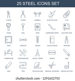 25 steel icons. Trendy steel icons white background. Included line icons such as pliers, barbell, electric saw, clip, hook, nail, Safe, gardening knife. steel icon for web and mobile.