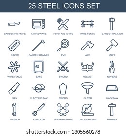 25 steel icons. Trendy steel icons white background. Included outline icons such as gardening knife, microwave, fork and knife, wire fence, garden hammer. steel icon for web and mobile.
