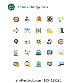25 strategy flat icons set isolated on . Icons set with Target, social media specialist, Brand engagement, Call To Action, Social Marketing, Business Planning, Marketing analytics icons.