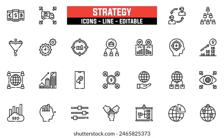 25 strategy icons set, vector line, editable stroke.