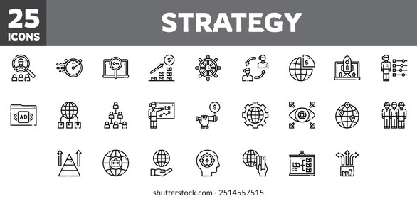 25 strategy icons set, vector line, editable stroke.