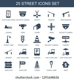 25 street icons. Trendy street icons white background. Included filled icons such as route and phone, security camera, hockey, barrier, road barrier. street icon for web and mobile.