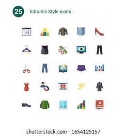 25 style flat icons set isolated on . Icons set with Banner Ads, Ranking, jacket, Clothes, vest, Hairdressing salon, Scissors, jeans, Digital marketing, dress, User Engagement icons.