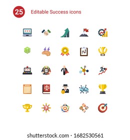 25 iconos planos de éxito establecidos aislados en . Iconos con casino en línea, Asociación, crecimiento, dados, Tormenta cerebral, logro, máquina tragamonedas, trabajo en equipo, héroe de negocios, iconos de Bingo.