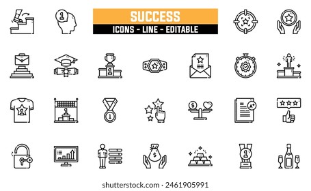 25 success icons set, vector line, editable stroke.