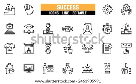 25 success icons set, vector line, editable stroke.