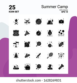 25 Summer Camp Icon Set. 100% Editable EPS 10 Files. Business Logo Concept Ideas Solid Glyph icon design