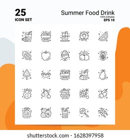 25 Summer Food Drink Icon Set. 100% Editable EPS 10 Files. Business Logo Concept Ideas Line icon design