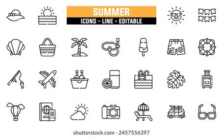 25 summer icons set, vector line, editable stroke.