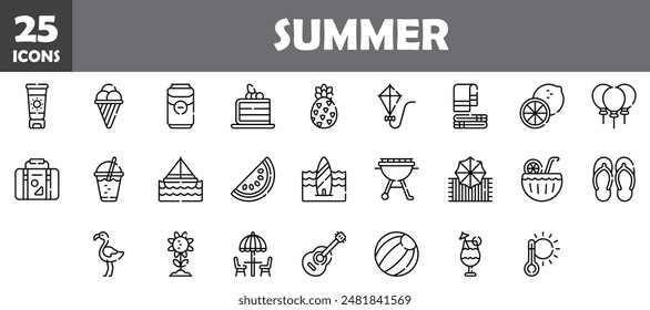 25 summer icons set, vector line, editable stroke.