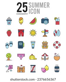 25 Summer Lineal Fill icons Pack vector illustration.